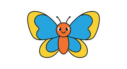 A cheerful blue and yellow butterfly with orange body and black antennae flying gracefully in a bright white environment