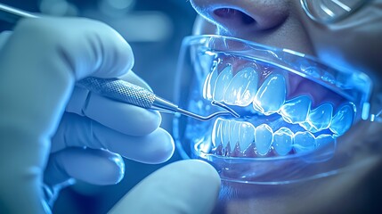 Dental Procedure with Reflective Mouth Guard and Handheld Tool Under Blue Light in Modern Clinic Environment