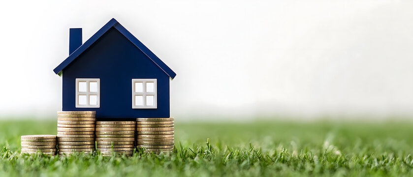 Model house atop stacked coins on grass, symbolizing real estate investment, savings, and property value growth. Homeownership dreams visualized. #realestate