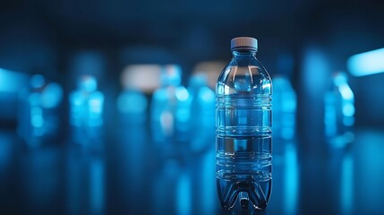 Clear Water Bottle in Focus Surrounded by Blurred Bottles in a Dark Environment with Blue Light Radiance
