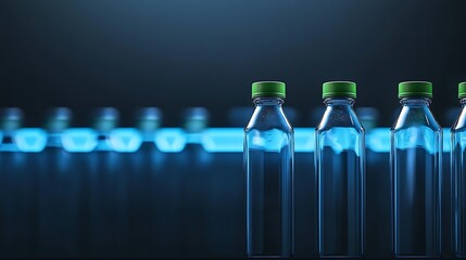 Clear plastic bottles with green caps lined up under soft blue lighting in a modern studio setting