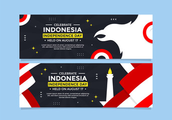 Indonesia Independence Day banner template set with Indonesian flag, national monument, and eagle perfect for advertisement, business, website, promotion, and more