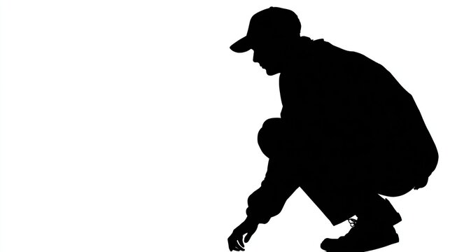 Dark silhouette of person crouching, facing right, reaching down on solid white ground