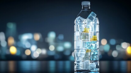 Glass bottle filled with ice cubes and refreshing drink creating a captivating night scene with blurred city lights in the background