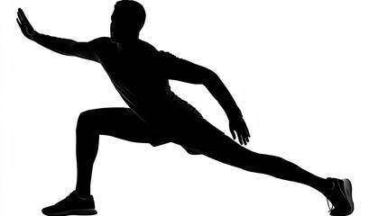 Black silhouette of a person in a lunge position, one arm outstretched, demonstrating athletic movement