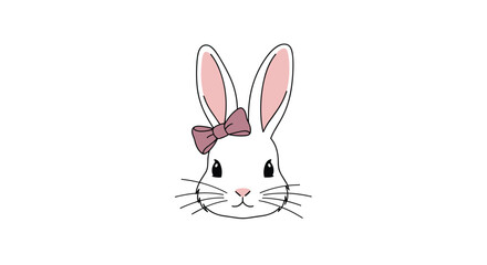Cute white bunny with a pink bow on its head and dashed line details on ears and face