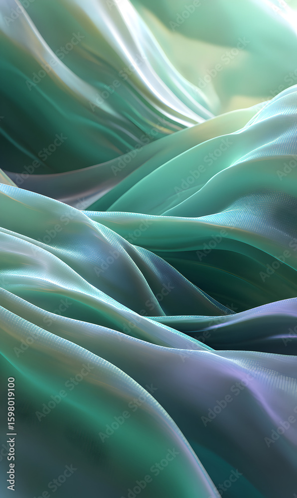 Poster abstract fabric waves backdrop in teal and lavender hues creating a serene and elegant flowing textu