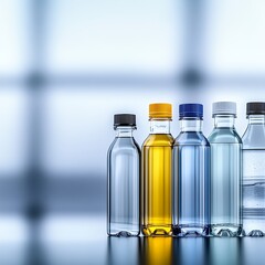 Five Bottles of Colored Water on a Bright and Blurry Background Reflecting Light and Creating a Soft Atmosphere