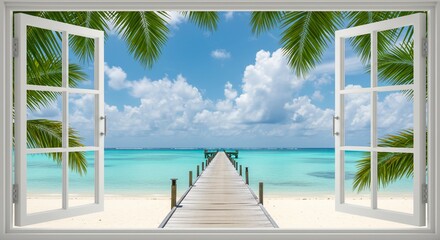 Tropical seascape through open window blue ocean view with pier and palm trees