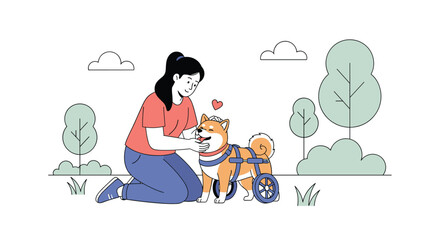 Fototapeta premium Caring for a disabled dog with mobility assistance in a sunny park