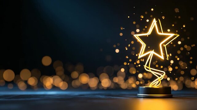 Golden Star Trophy with Sparkling Bokeh on Dark Background, Celebration Event Background, Video