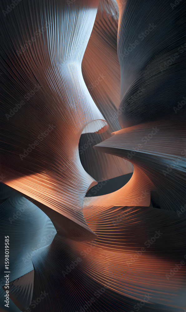 Poster intriguing abstract formation features dynamic interplay of soft warm colors and cool tones creating