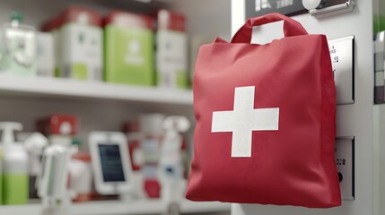 Red medical bag hanging in a pharmacy with green and white medication products on the shelves in the background