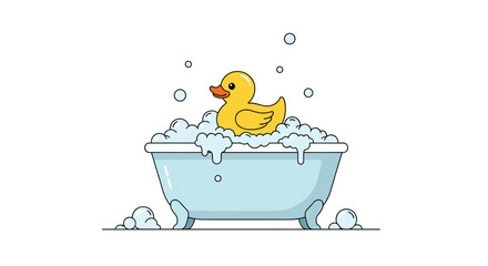 Adorable yellow rubber duck floating in a tub full of bubbles enjoying a relaxing bath time