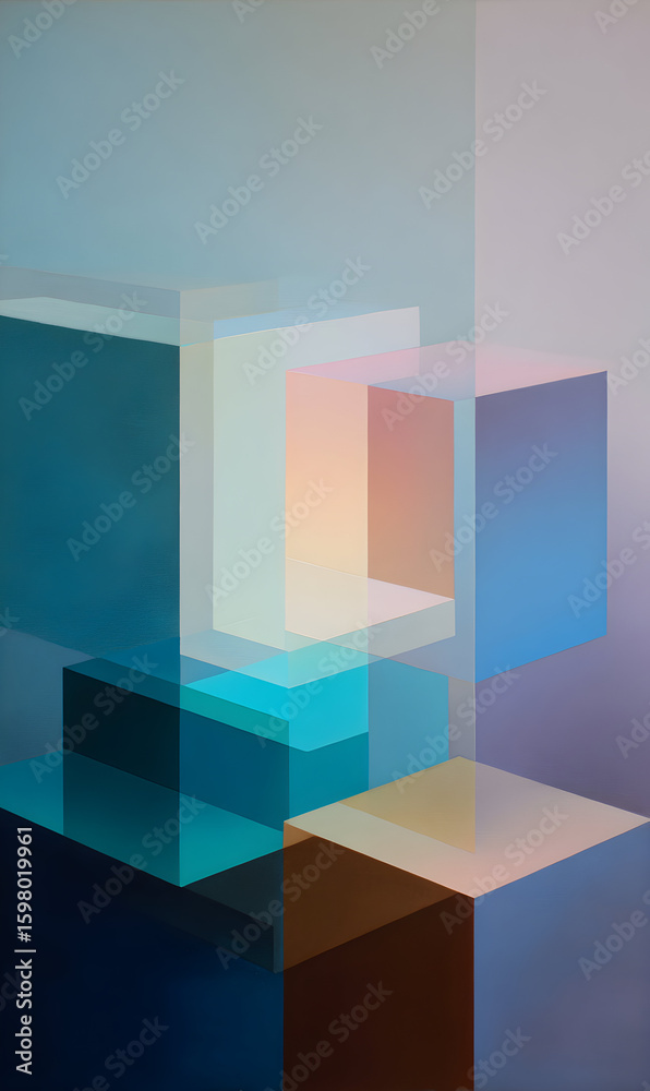 Poster abstract composition with transparent cubes intersecting on a soft gradient background creating an e