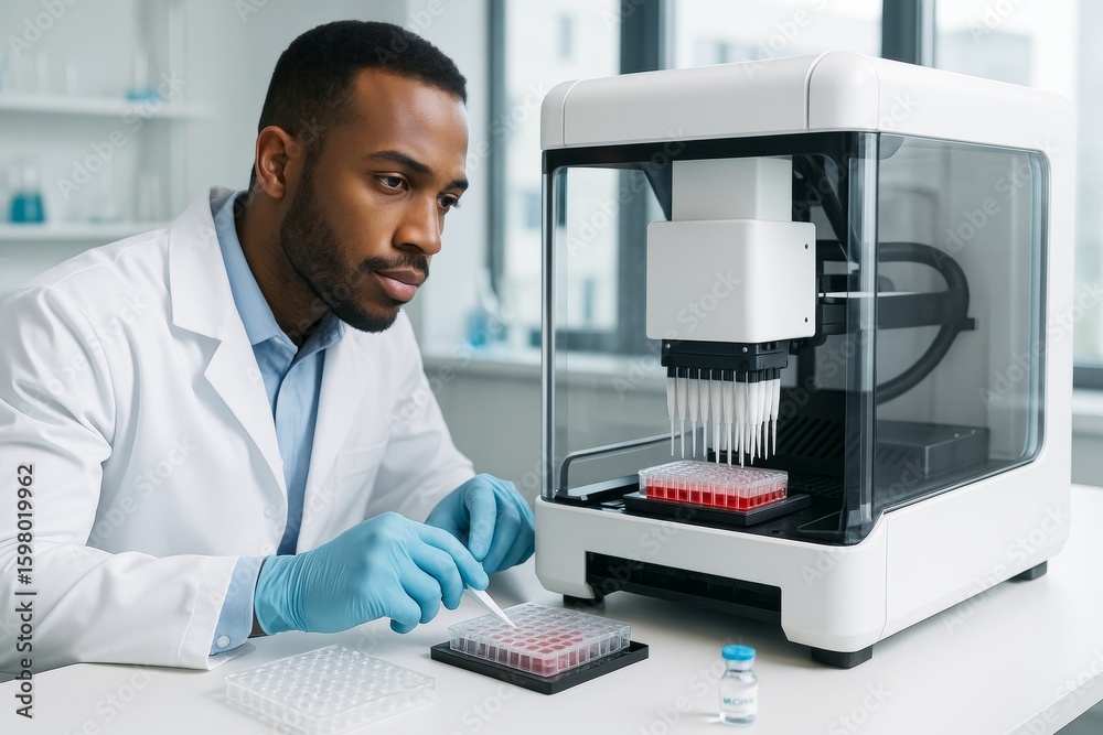 Poster scientist in lab coat using pipette robot for liquid handling on microplate in modern laboratory wit