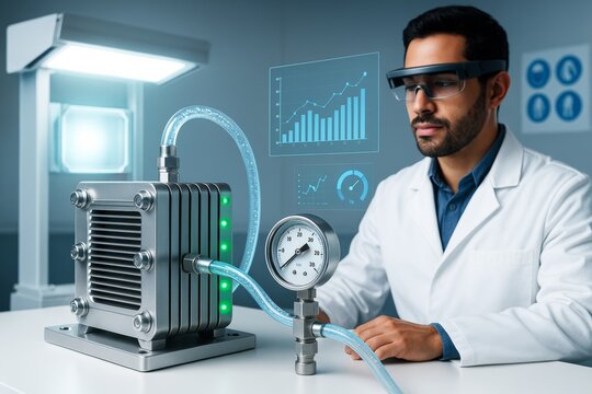Scientist analyzing hydrogen fuel cell efficiency data in futuristic lab environment with digital interface and pressure gauge on table. Ai generative
