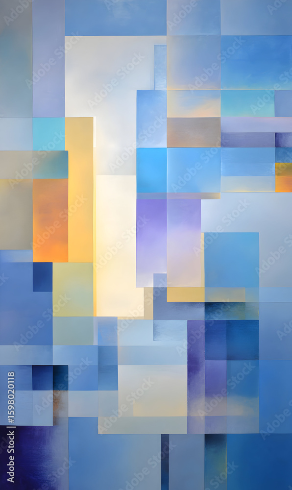 Poster geometric abstraction in shades of blue with interlaced rectangular planes artistic composition with