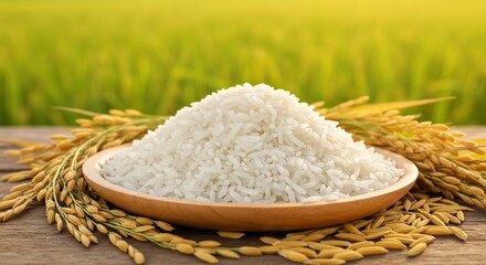 Uncooked white rice grain pile with paddy ears on wooden plate close up
