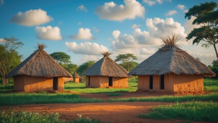Traditional huts with thatched roofs in a rural landscape under a partly cloudy sky.