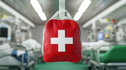 Medical emergency kit hanging in modern hospital room with blurred medical equipment and beds in background
