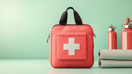 Bright coral first aid kit with white cross on a pastel background alongside fire extinguishers and rolled towels