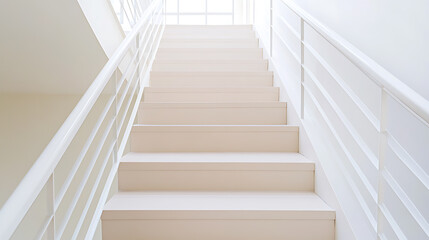 Minimalist staircase in white tones, leading to a bright upper level. Clean architectural design with parallel banister bars against a white wall. Simple and modern.