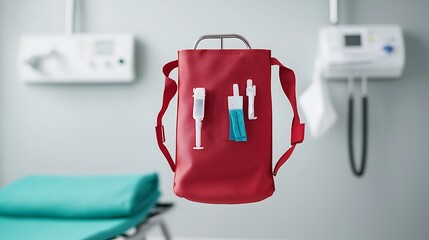 Red medical bag with healthcare tools hanging in a modern hospital room for emergency care and medical assistance