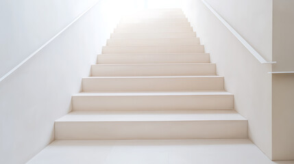 Fototapeta premium Minimalist staircase in a pristine, white interior, leading upwards. The design emphasizes simplicity and brightness with clean lines and a sense of elevation.