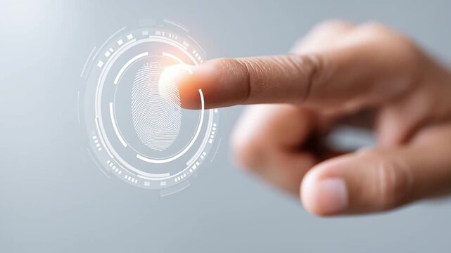 Fingerprint scan technology biometric identification security access control futuristic digital interface authentication system cyber security data protection privacy recognition touch screen control