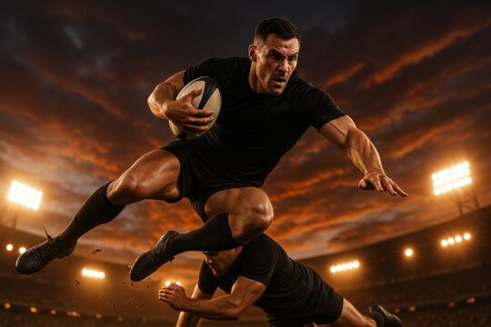 Photorealistic rugby player leaping mid-air over tackler with dramatic sunset stadium lights. Concept of professional sports, strength, competition, determination, and athletic excellence. - Powered by Adobe