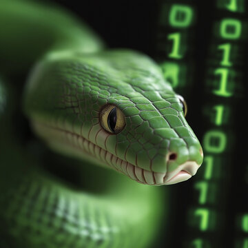 Emerald python scales create a vivid pattern in jungle closeup with digital code overlay