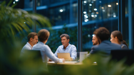 Naklejka premium Modern meeting room with colleagues collaborating on documents, plants