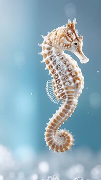 Seahorse marine animal with detailed textured body and curled tail floating gracefully in soft blue water showcasing delicate underwater creature in serene ocean aquatic wildlife scene