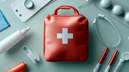Medical First Aid Kit on a Surface Surrounded by Healthcare Items for Emergency Preparedness and First Response