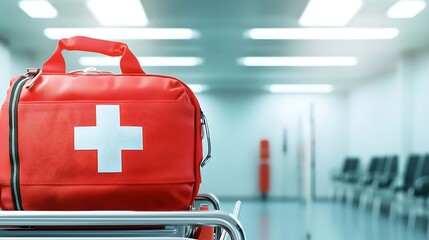 Bright Red Medical Bag on Trolley in Modern Hospital Interior with Empty Waiting Area in Background