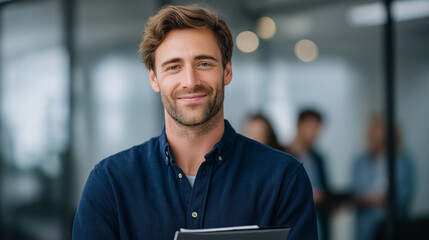Confident male designer in glass office with team collaboration