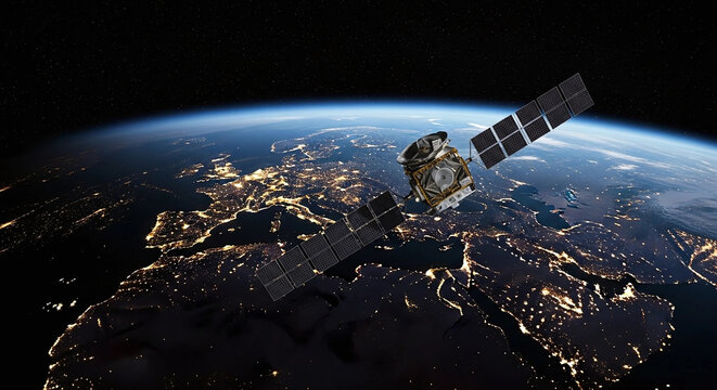 Sleek High-Tech Artificial Satellite Orbiting Earth Amid Twinkling Stars