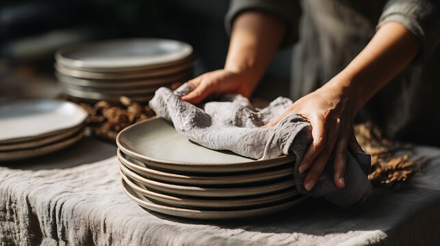Hand setting table with ceramic plates and linen napkins
