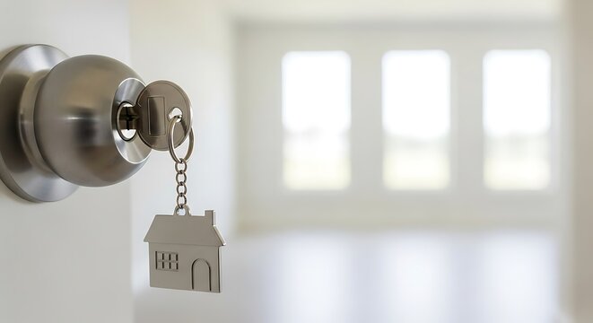 Close up of a house key with a house shaped keychain in a door lock