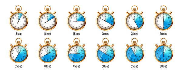Realistic classic stopwatch. Shiny golden metal chronometer, time counter with dial. Blue countdown timer showing minutes and seconds. Time measurement for sport, start, finish. Vector illustration