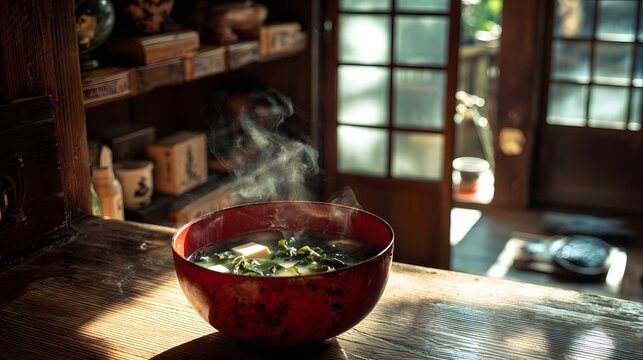 Human eye view of steaming miso soup tofu wakame served red lacquer bowl placed wooden countertop inside traditional Japanese kitchen visible wooden shelves natural window light create cozy atmosphere