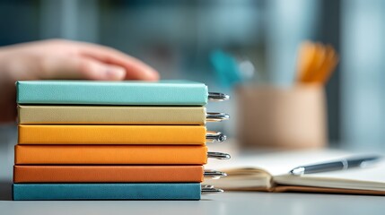 Hand stacking fresh notebooks beside planner and pen