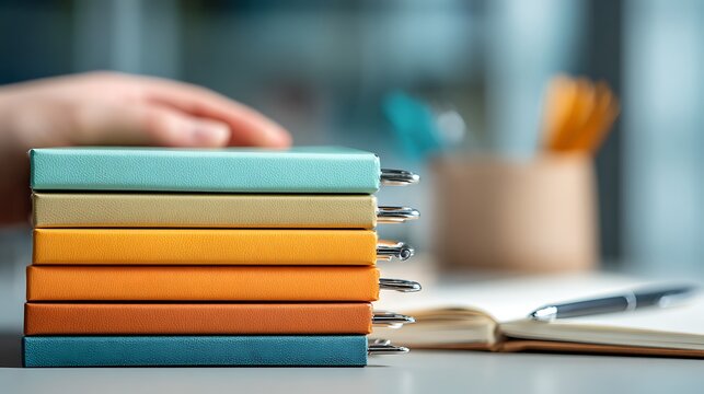 Hand stacking fresh notebooks beside planner and pen