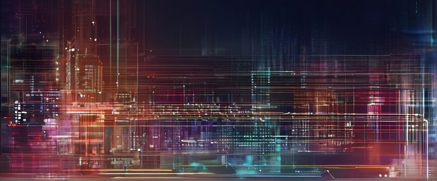 Abstract cityscape with colorful lights and data streams, representing modern technology, big data, and the digital world
