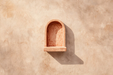 Arched niche wall shelf in faded dusty pink stucco creates minimalist and elegant accent, casting soft shadow on textured plaster background, evoking calm and serenity
