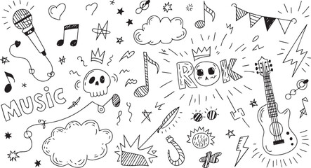 Hand drawn doodle elements isolated on white background, showcasing musical notes, guitars, and other rock and roll themed designs for creative projects
