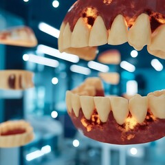 Floating 3D Rendered Teeth Surrounded by Blurred Modern Office Background with Abstract Bright Lights