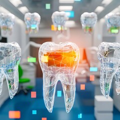 Digital art representing futuristic dental technology with transparent teeth models floating in a modern clinic environment