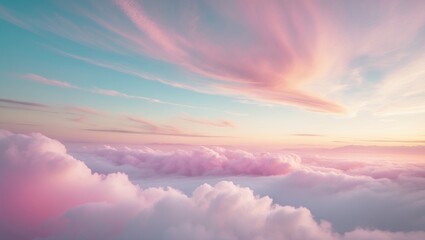 Obraz premium Colorful sky with pink and blue clouds during sunset or sunrise. Beautiful sky scene with soft fluffy clouds and vibrant colors.